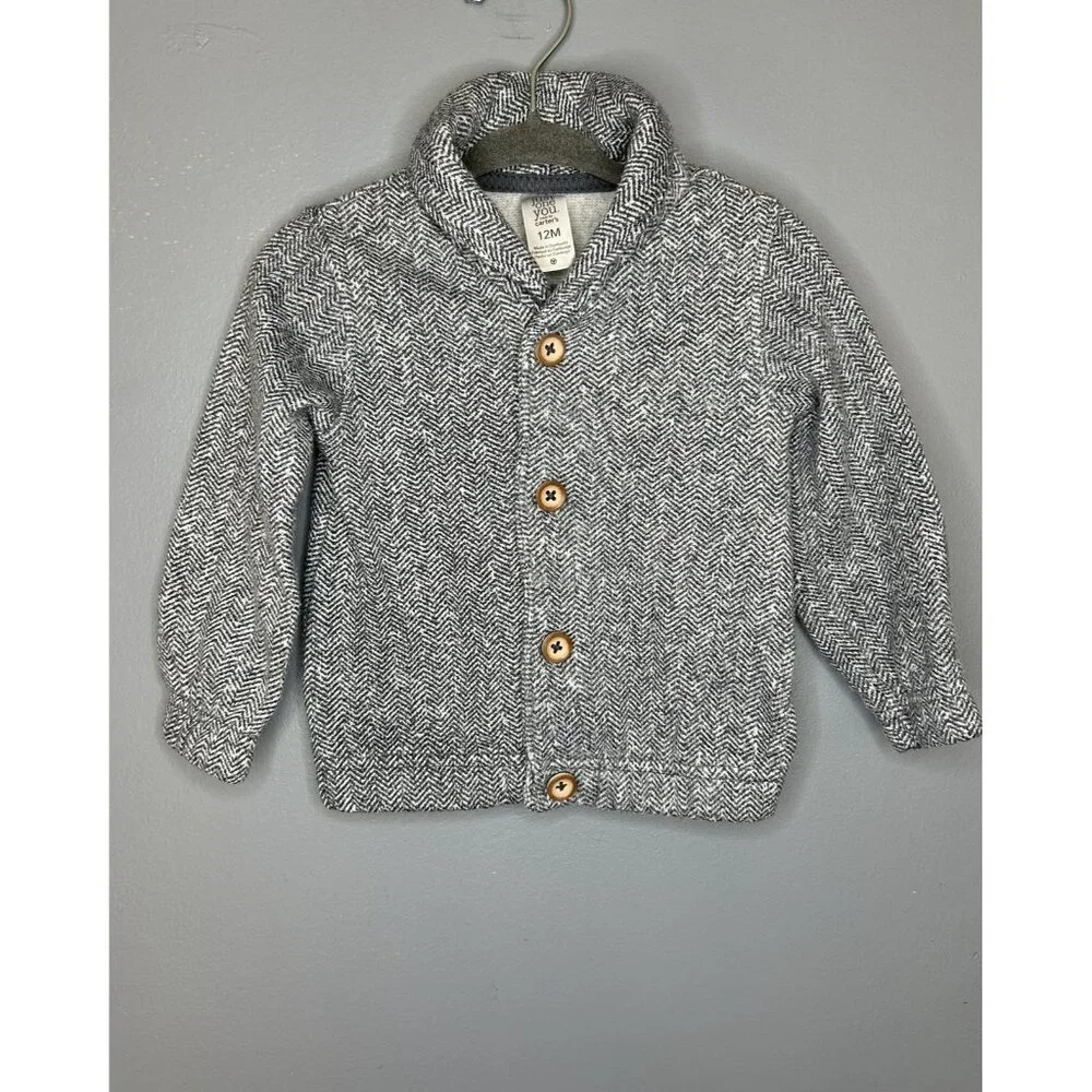 Carters Cardigan Sweater Baby 12M Gray Herringbone Button Jacket Boys Old Money‎
